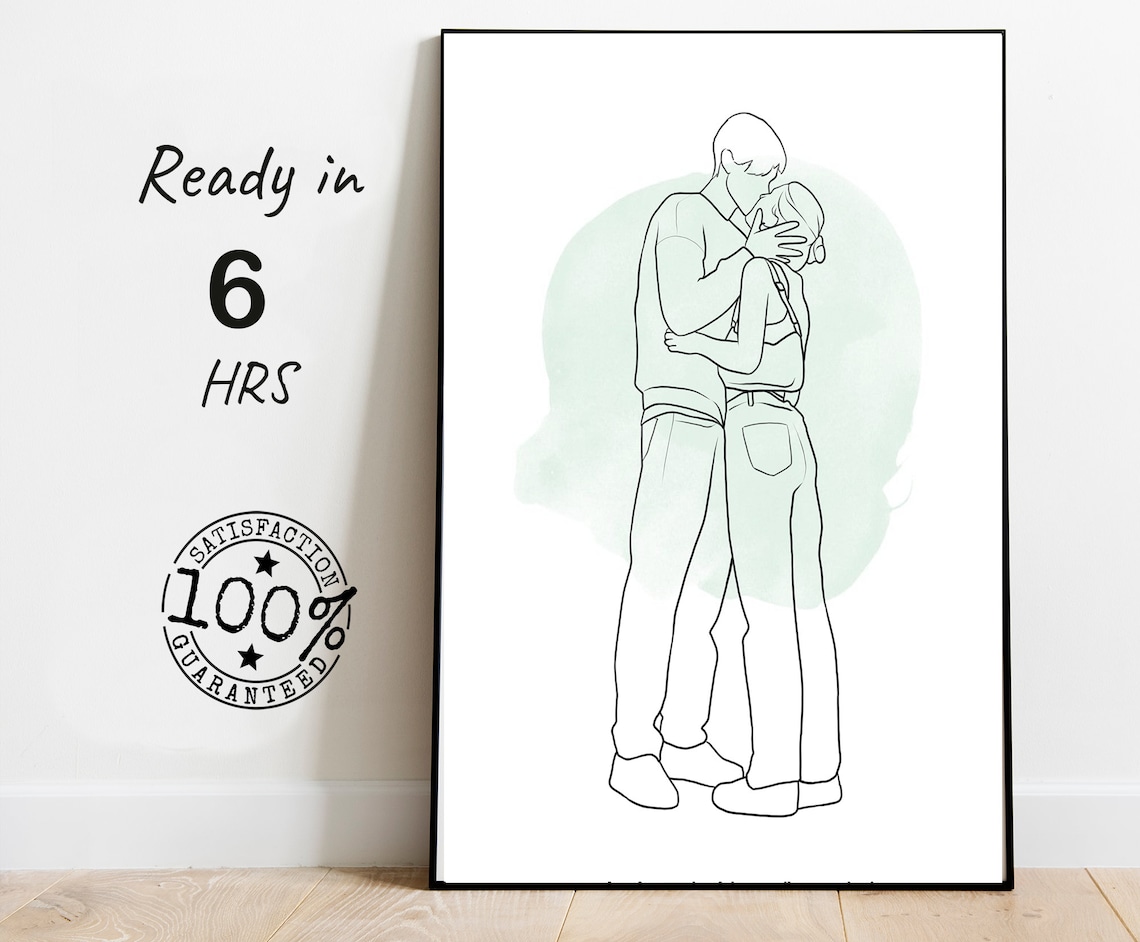 Couple Kissing Faceless Line Drawing Portrait Green Watercolor Poster