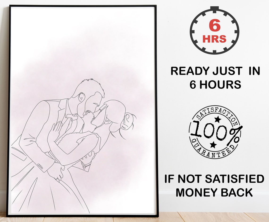 Custom Wedding Kiss Line Drawing With Pink Watercolor Poster