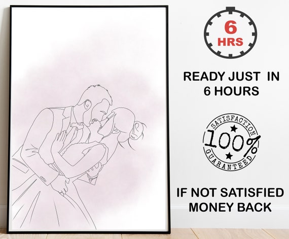 Custom Wedding Kiss Line Drawing With Pink Watercolor Poster