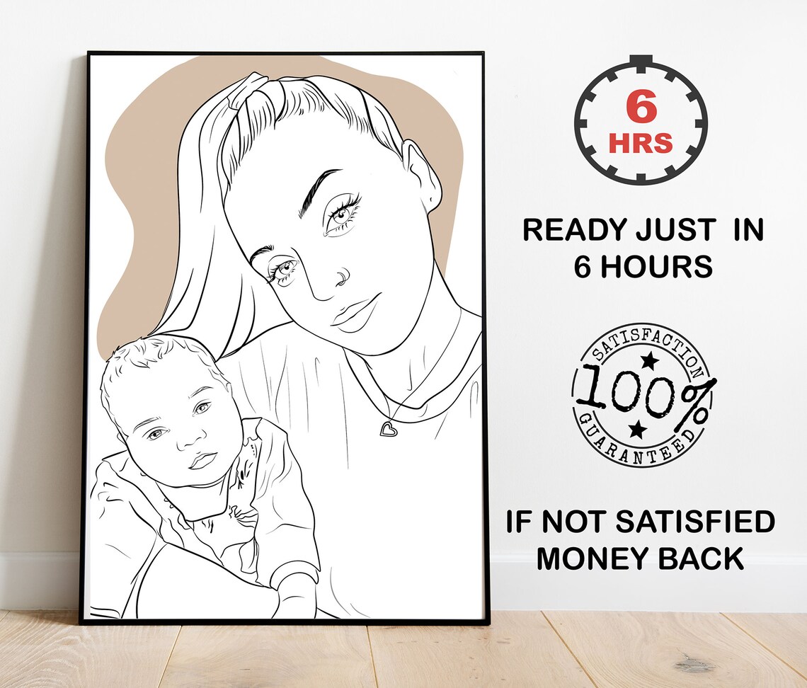 Mother And Baby Selfie Line Art Portrait In Warm Beige Poster