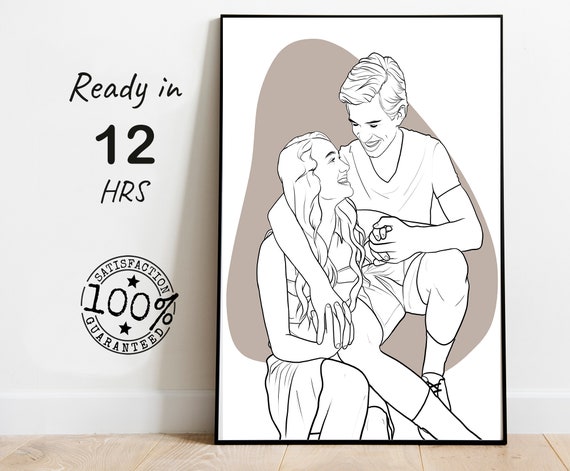 Young Couple Line Art Sitting Close on Taupe Background Poster