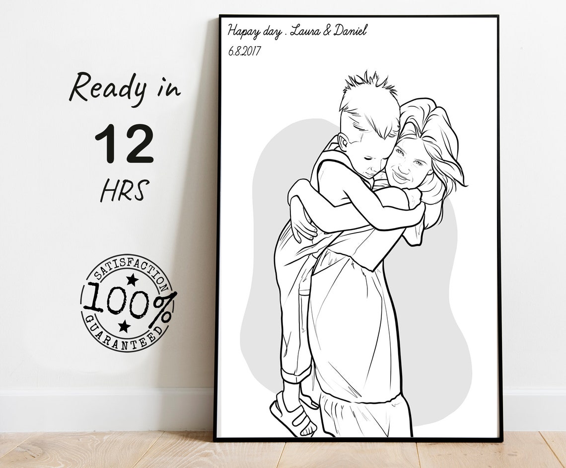 Mother and Son Line Art Hug With Custom Names and Date Poster