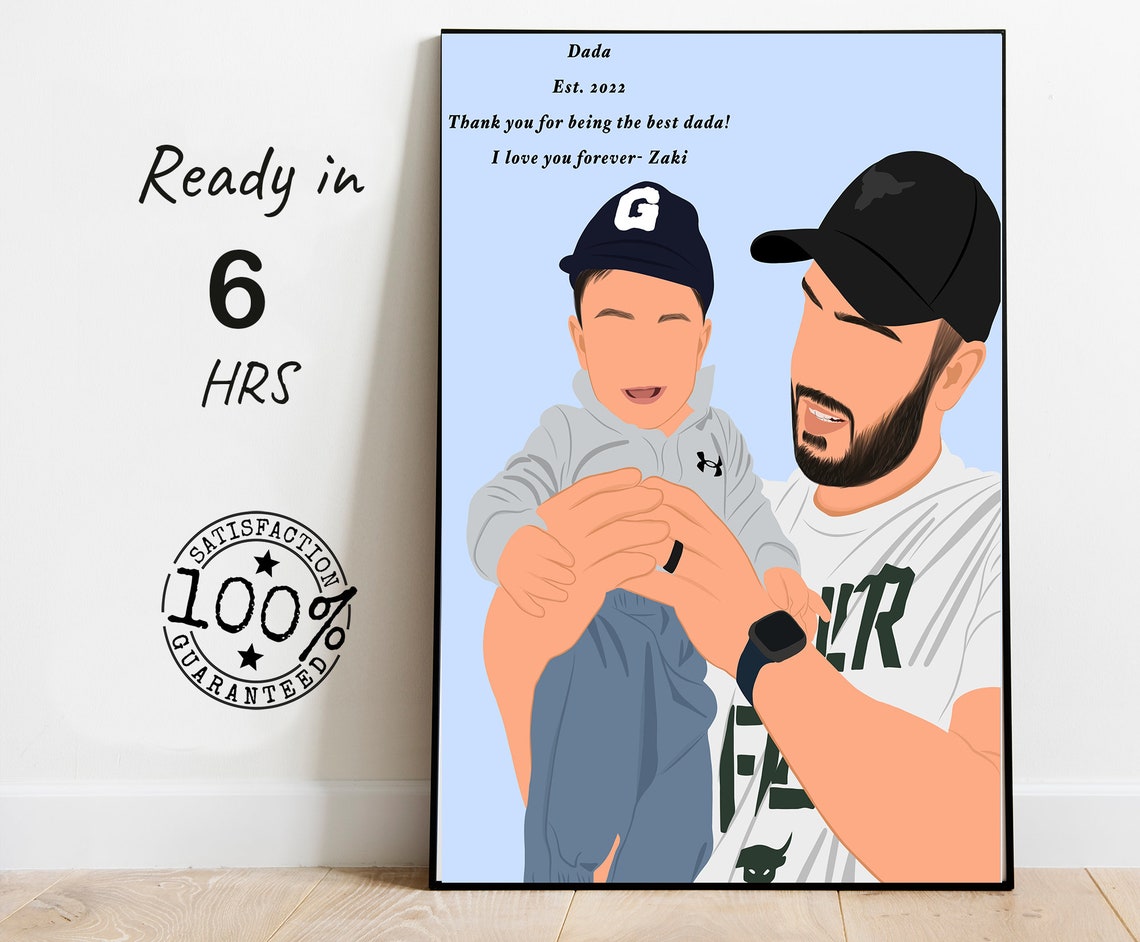 Father and Baby Custom Color Portrait Dada Quote Blue Poster
