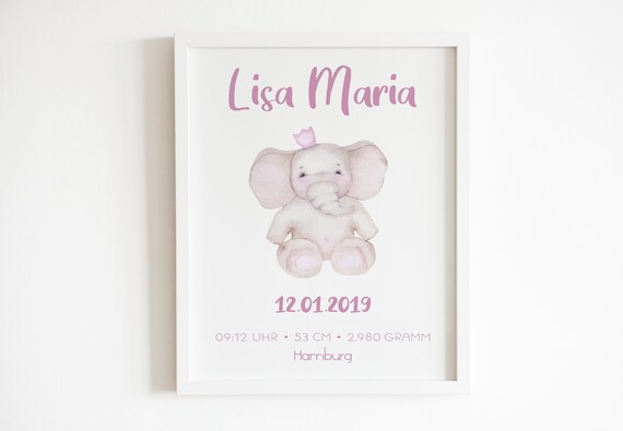 Personalized Pink Watercolor Elephant Baby Birth Stats Poster