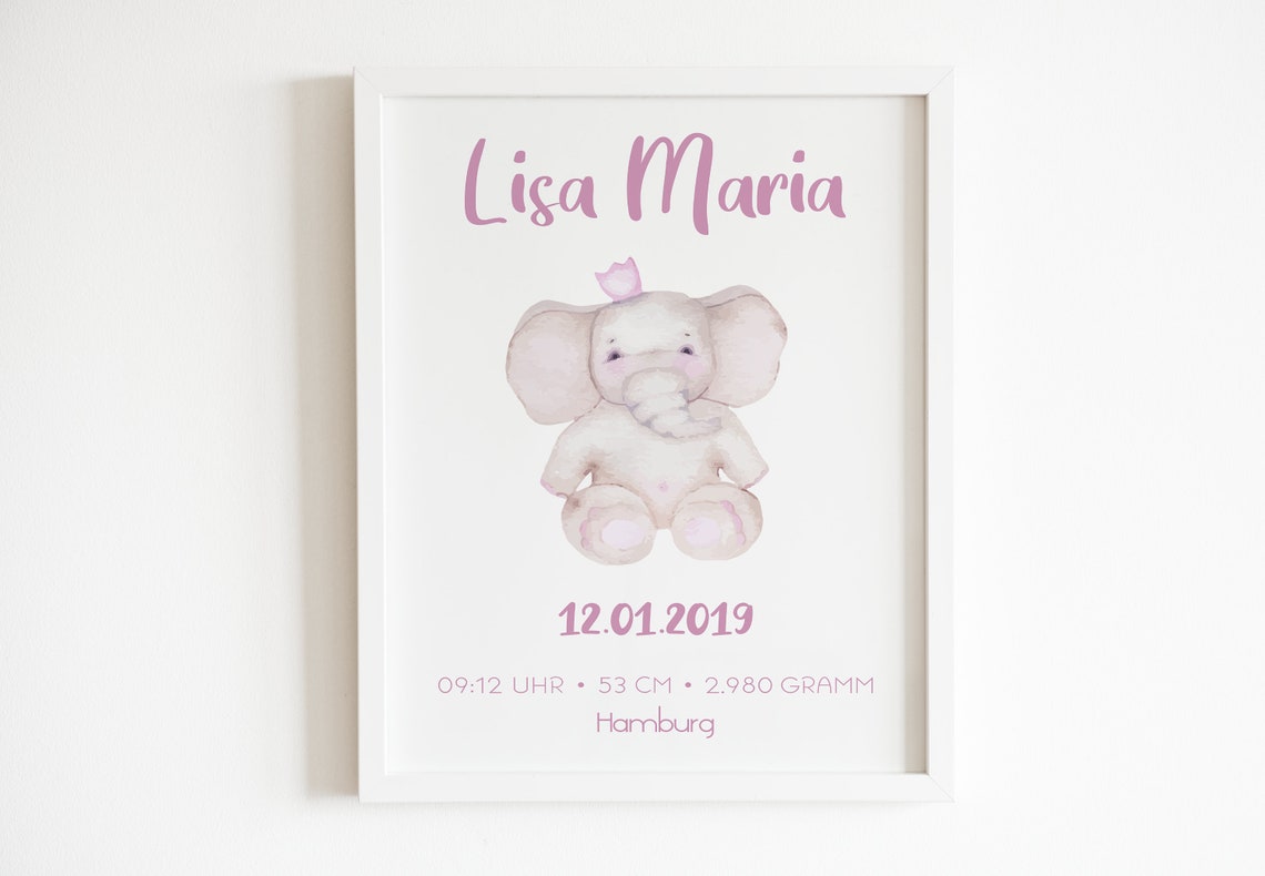 Personalized Pink Watercolor Elephant Baby Birth Stats Poster