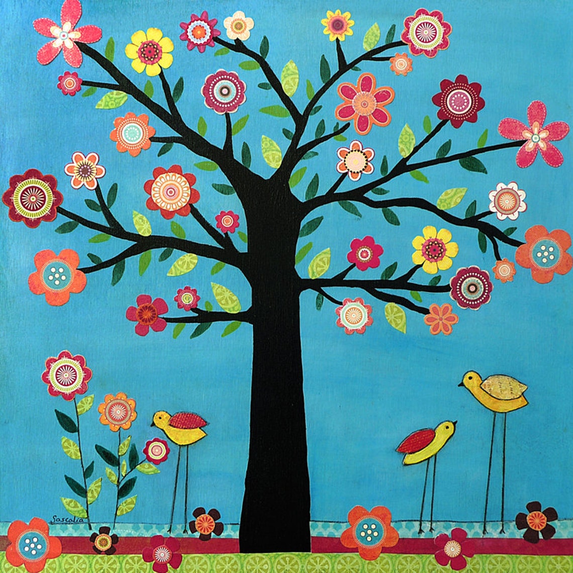Bird Tree with Yellow Birds on a Turquoise Sky Nursery Poster