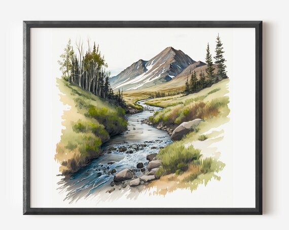 Rocky Mountain Stream Watercolor Creek Poster Pine Meadow Landscape