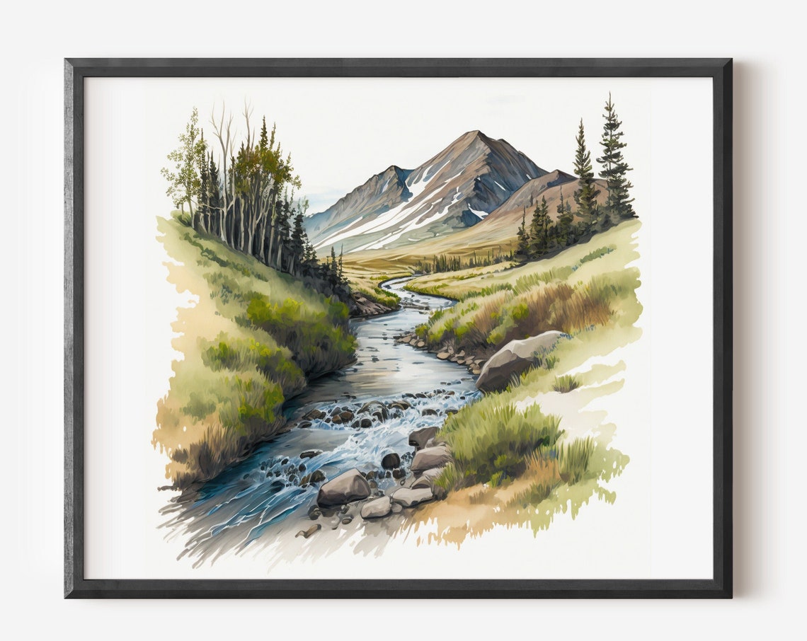 Rocky Mountain Stream Watercolor Creek Poster Pine Meadow Landscape
