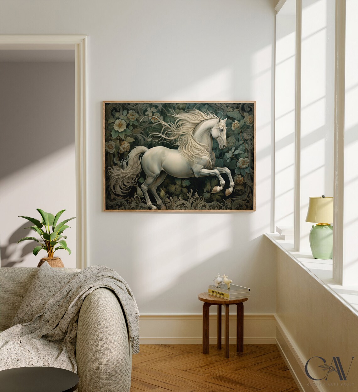 Galloping White Horse In Dark Floral Meadow Equestrian Poster - Image 2