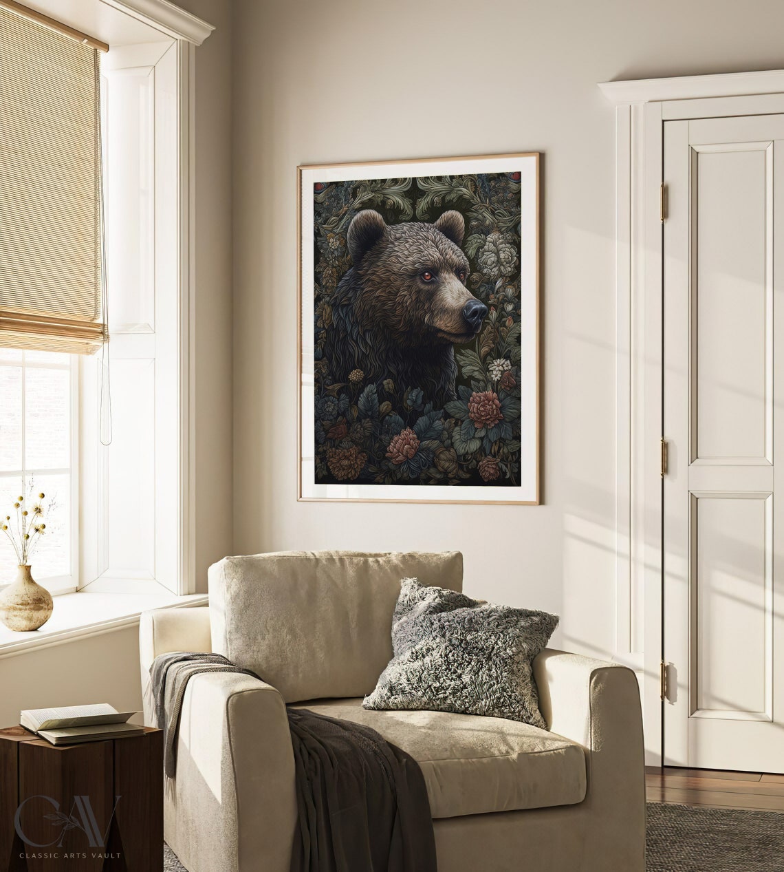 Majestic Brown Bear Among Dark Floral Tapestry Forest Poster - Image 4