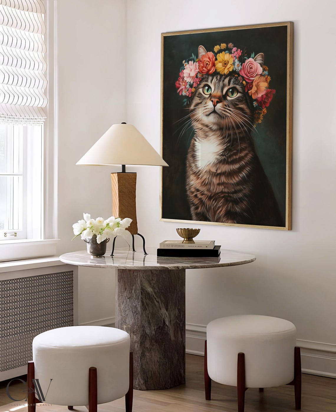 Tabby Cat Wearing a Colorful Flower Crown Moody Portrait Poster - Image 3