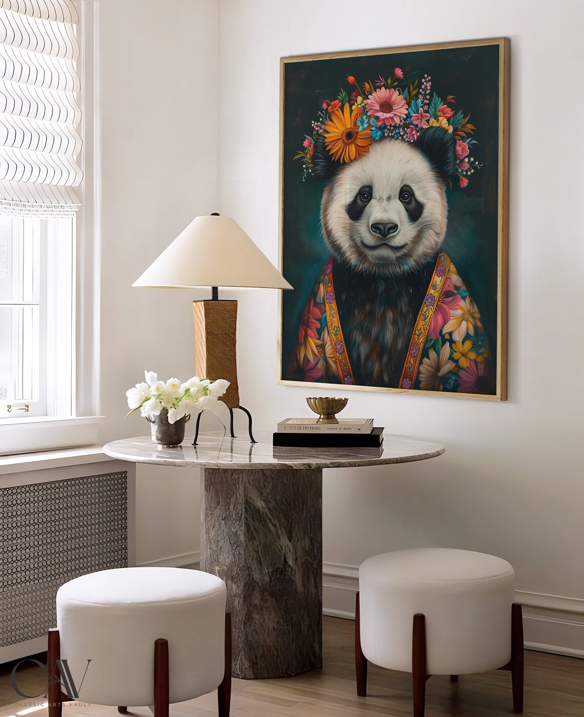 Panda Bear with Flower Crown and Colorful Floral Robe Art Print - Image 3