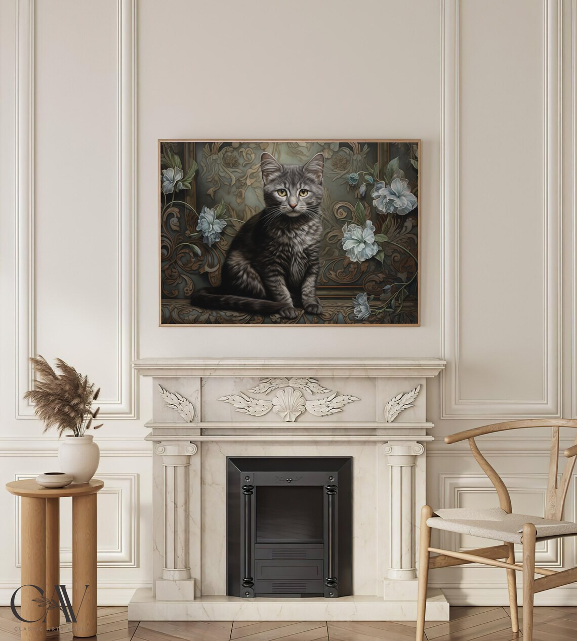 Gray Cat William Morris Style Floral Portrait Woodland Wall Art - Image 3