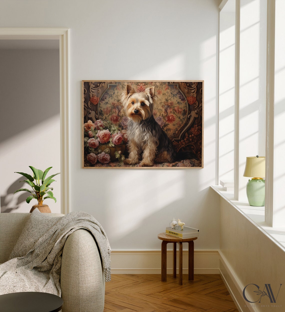 Yorkshire Terrier Puppy with Roses Vintage Floral Tapestry Poster - Image 2