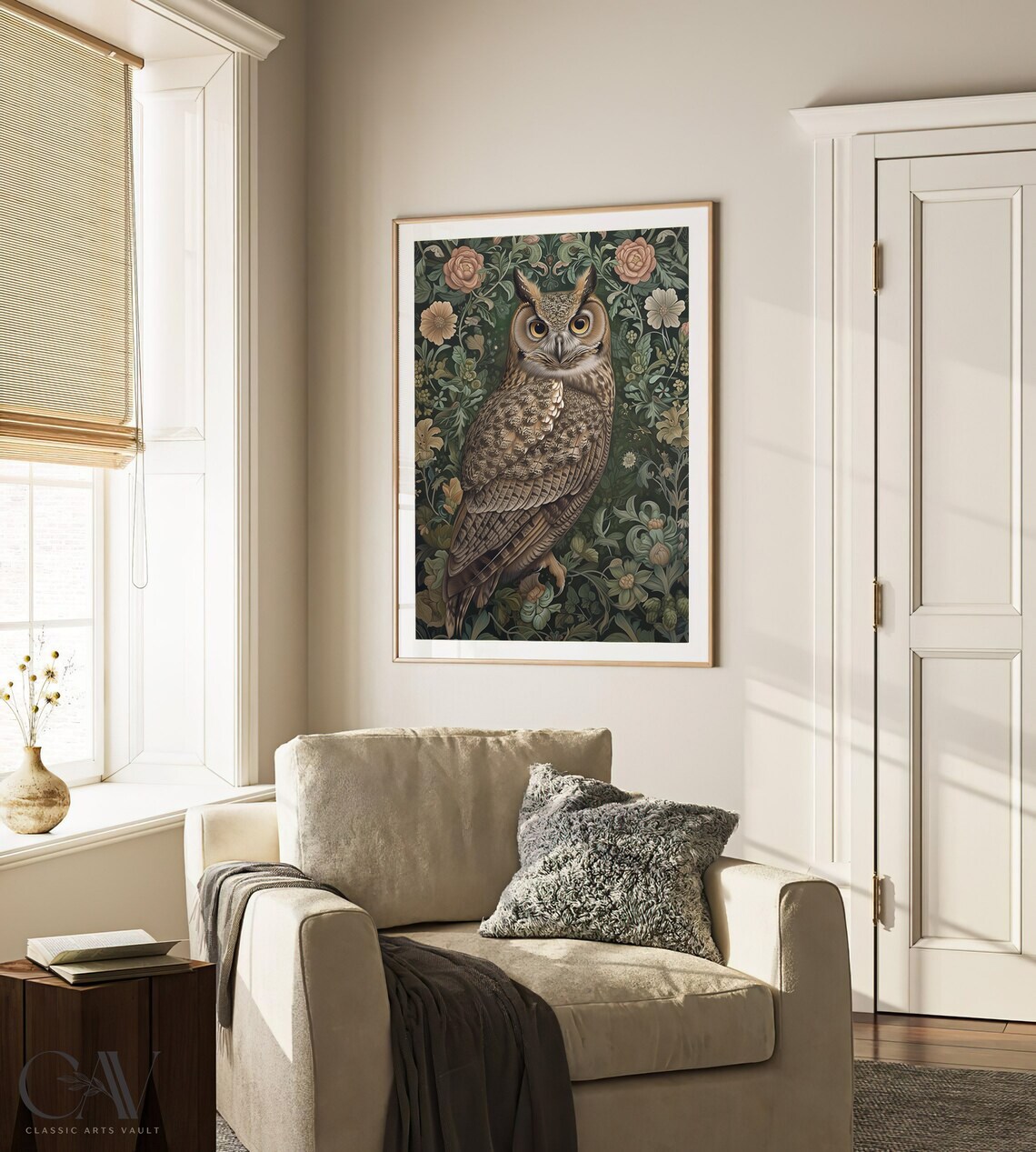 Great Horned Owl Front Portrait on Dark Floral Damask Art Poster - Image 3