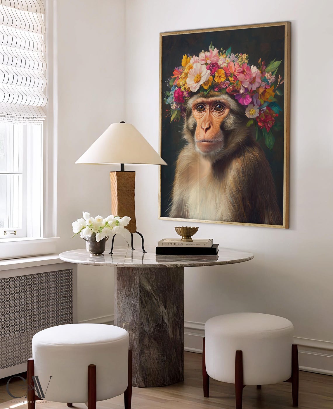 Monkey Portrait With Bright Wildflower Crown on Dark Art Poster - Image 4