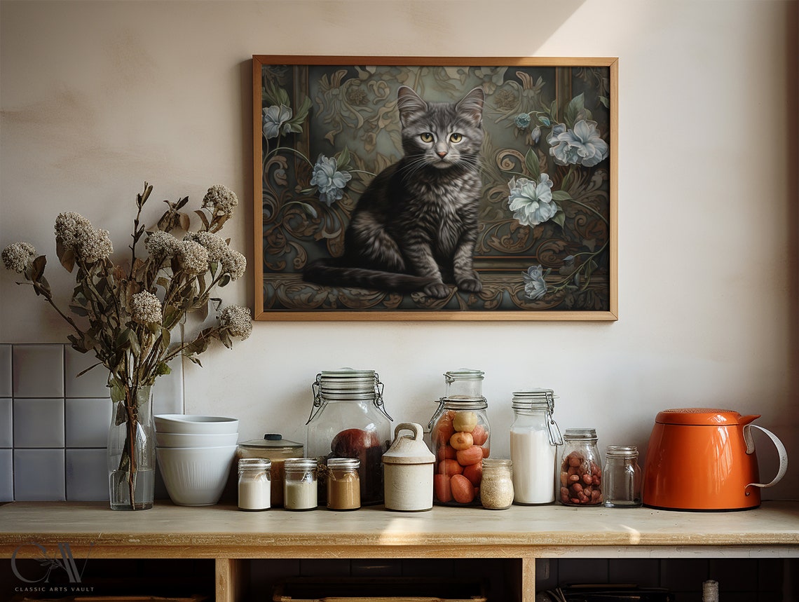 Gray Cat William Morris Style Floral Portrait Woodland Wall Art - Image 4