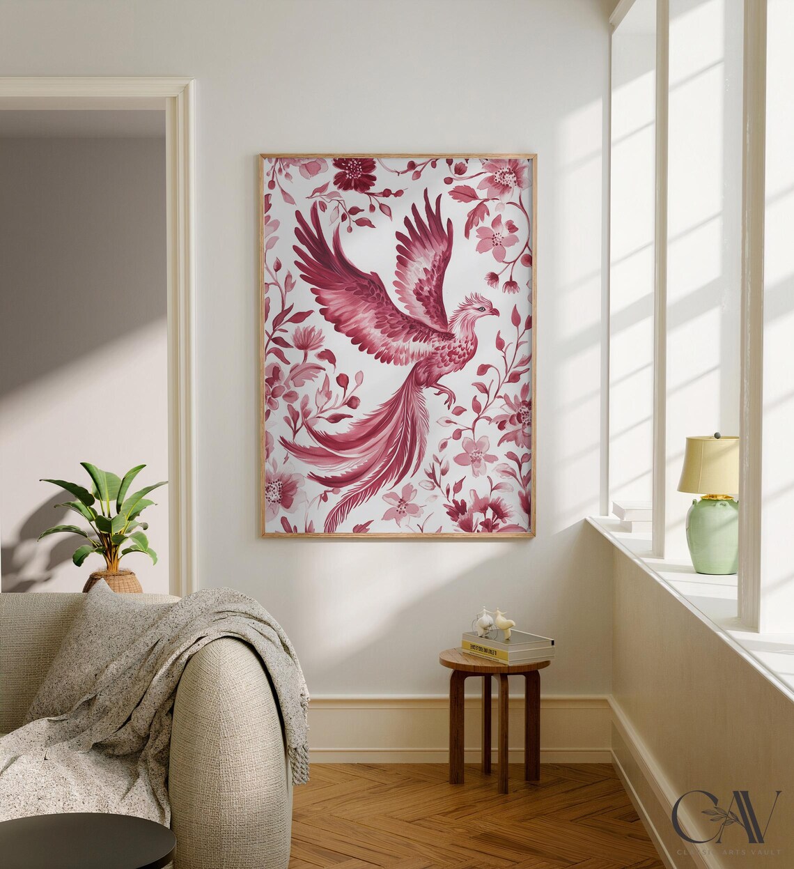 Elegant Crimson Phoenix Rising Among Flowers Watercolor Poster - Image 3