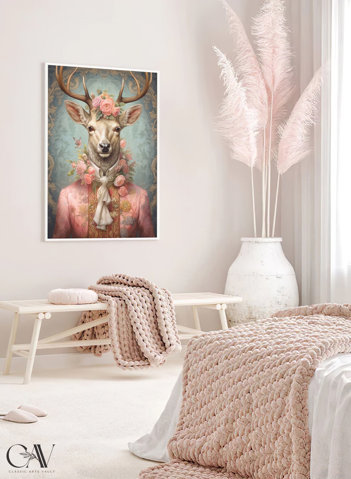 Deer with Flower Crown in Pink Rococo Brocade Coat Royal Portrait Poster - Image 2
