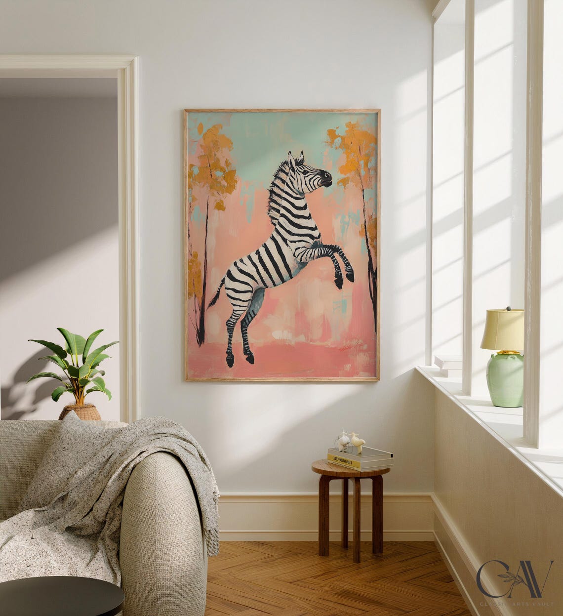 Playful Zebra Rearing Pastel Peach Trees Abstract Safari Poster - Image 3