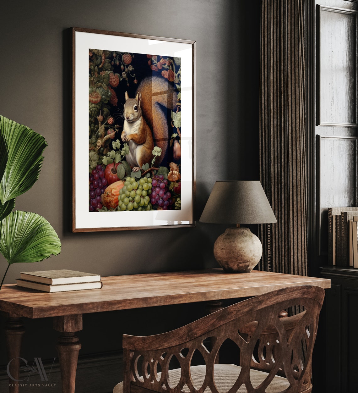 Red Squirrel With Grapes And Fruit On Dark Harvest Background Poster - Image 4