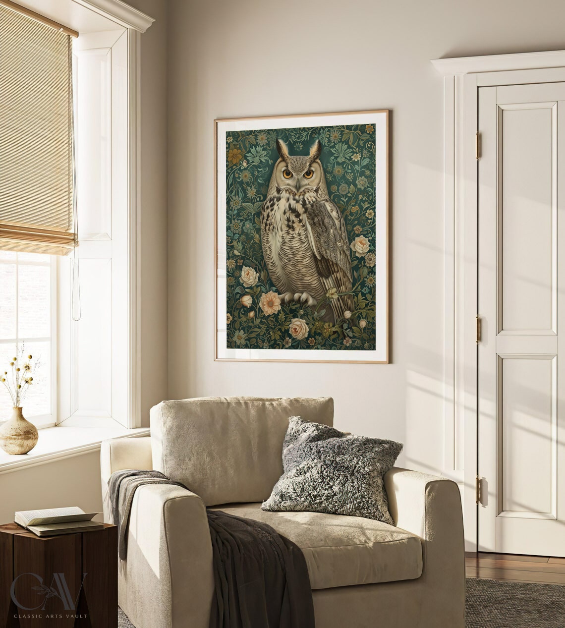 Great Horned Owl on Teal William Morris Floral Background Poster - Image 2