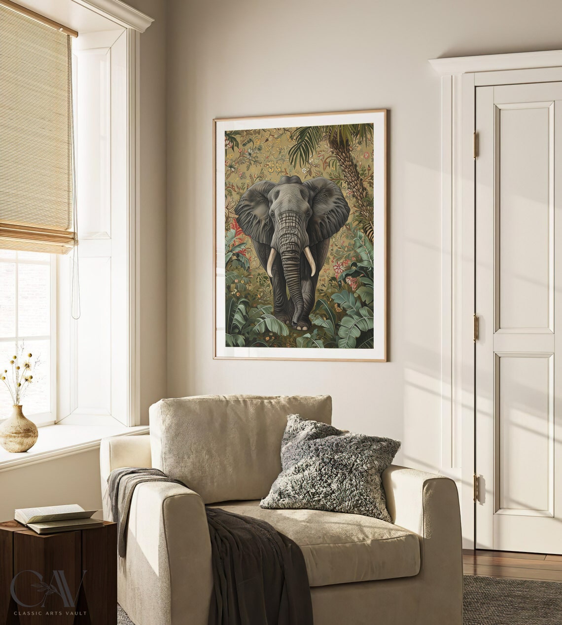 African Elephant in Lush Jungle Floral Wallpaper Style Poster - Image 3