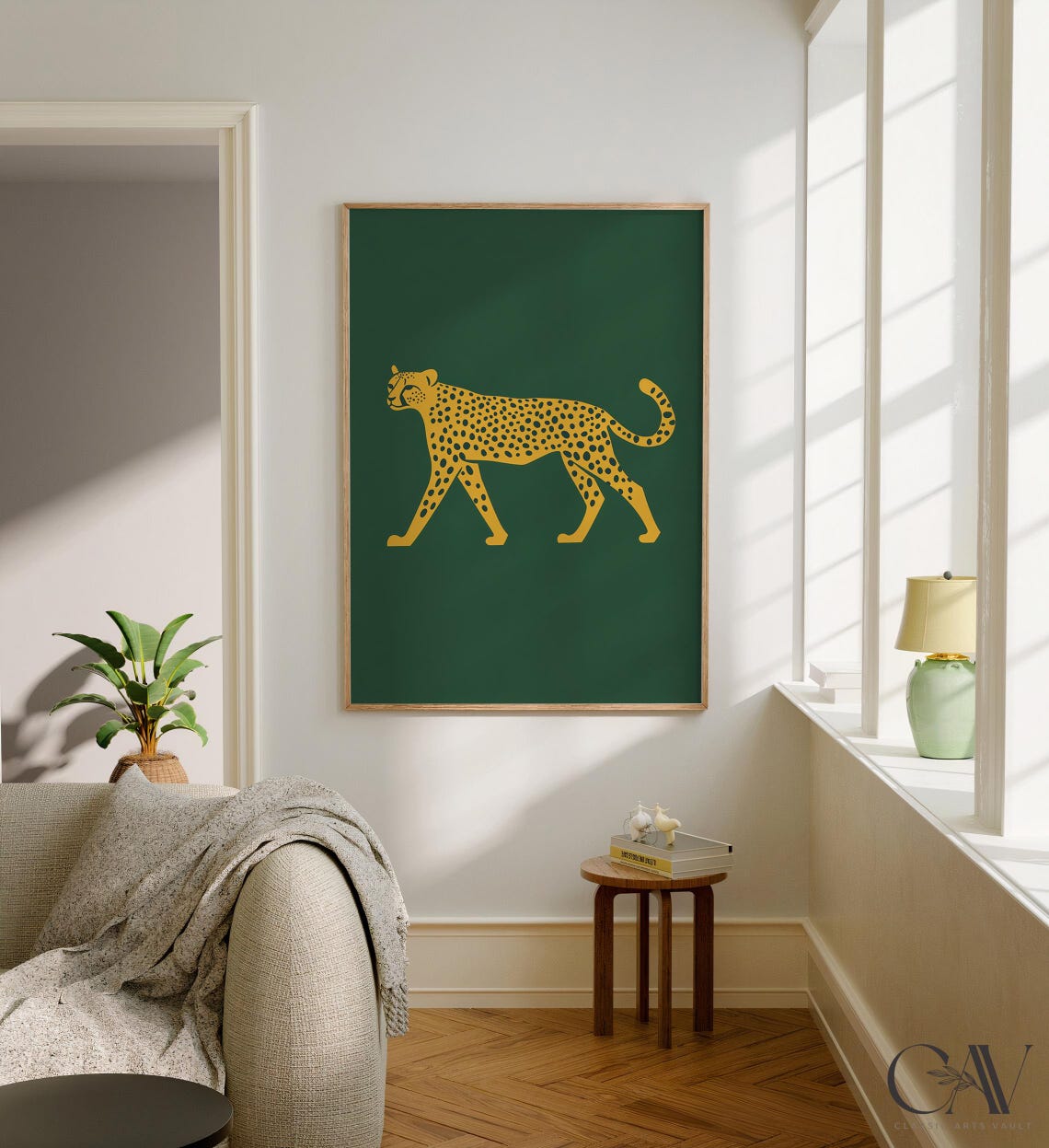 Modern Gold Cheetah Silhouette On Deep Green Minimalist Poster - Image 3