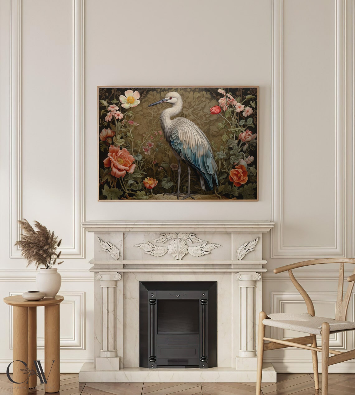White Heron Among Coral Blooms Art Nouveau Botanical Bird Poster - Image 4