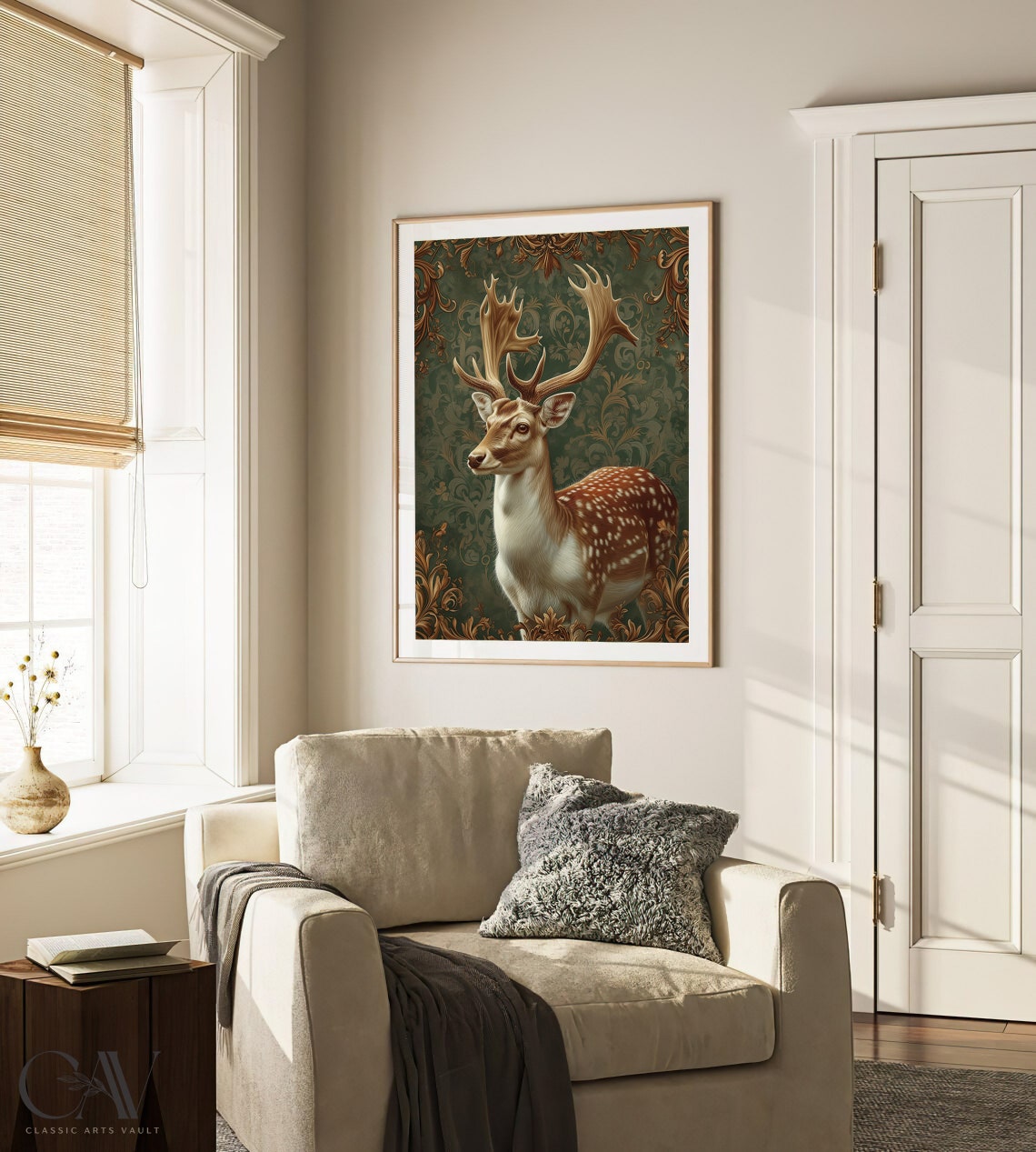Spotted Deer Stag Portrait on Green Baroque Damask Style Poster - Image 3