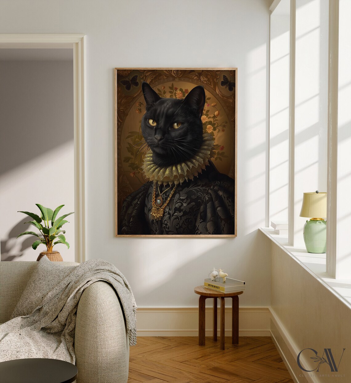 Black Cat in Brocade Gown with Ruff Collar and Gold Pendant Necklace Poster - Image 3