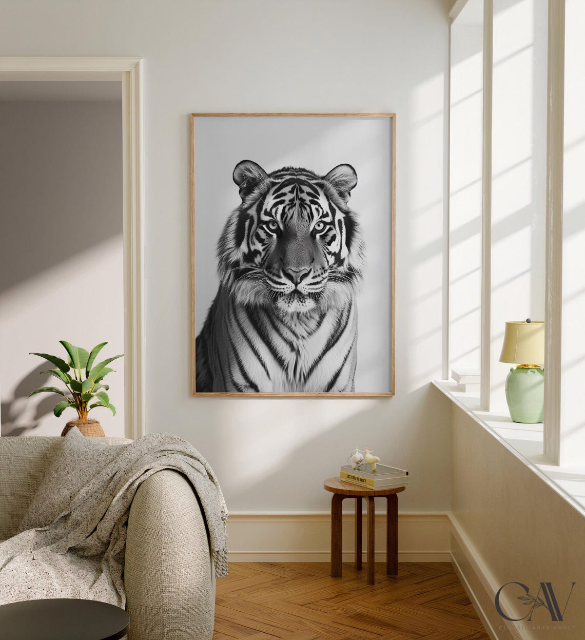 Majestic Tiger Face Black and White Wild Cat Portrait Wall Art - Image 2