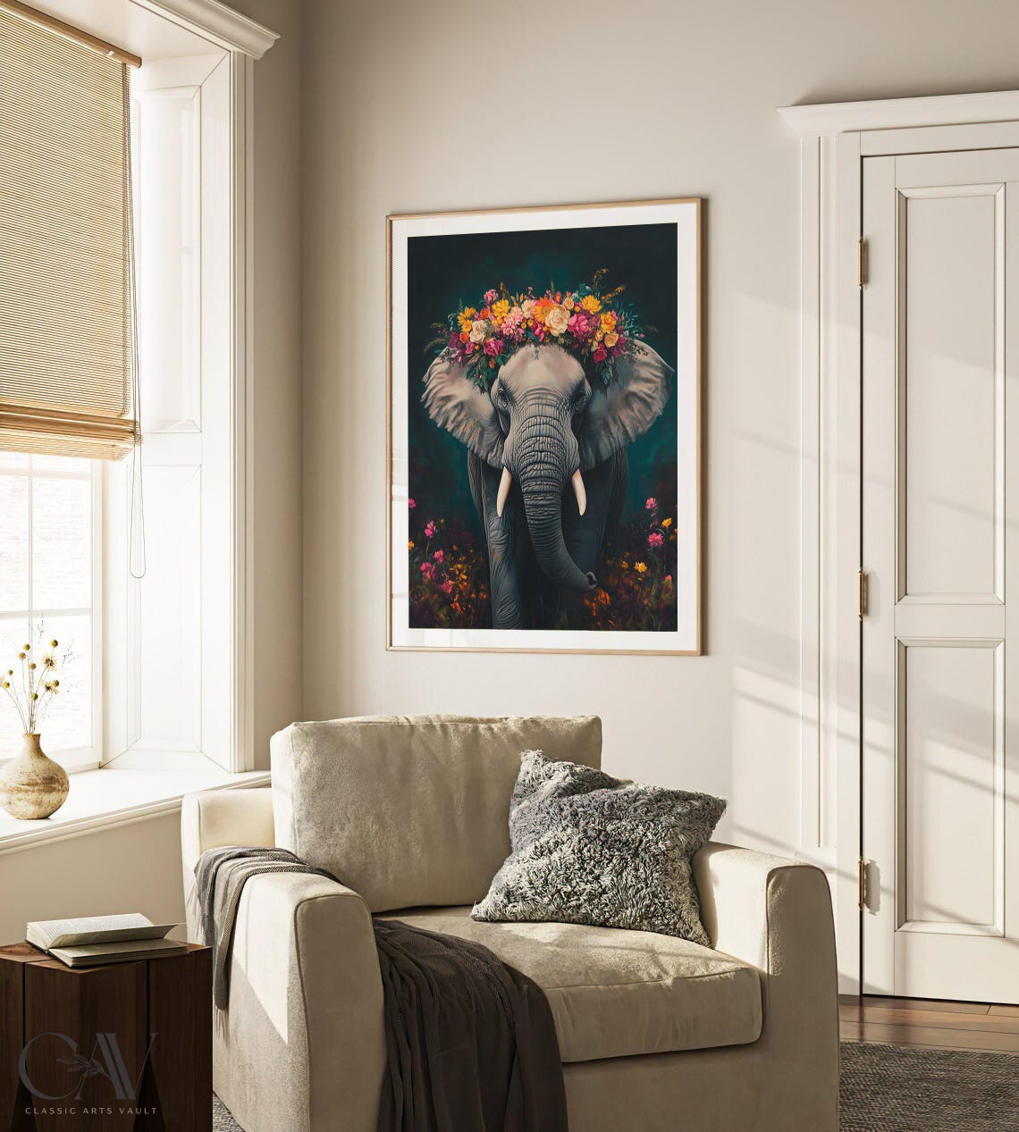 Majestic Elephant Wearing Flower Crown on Dark Teal Botanical Poster - Image 2
