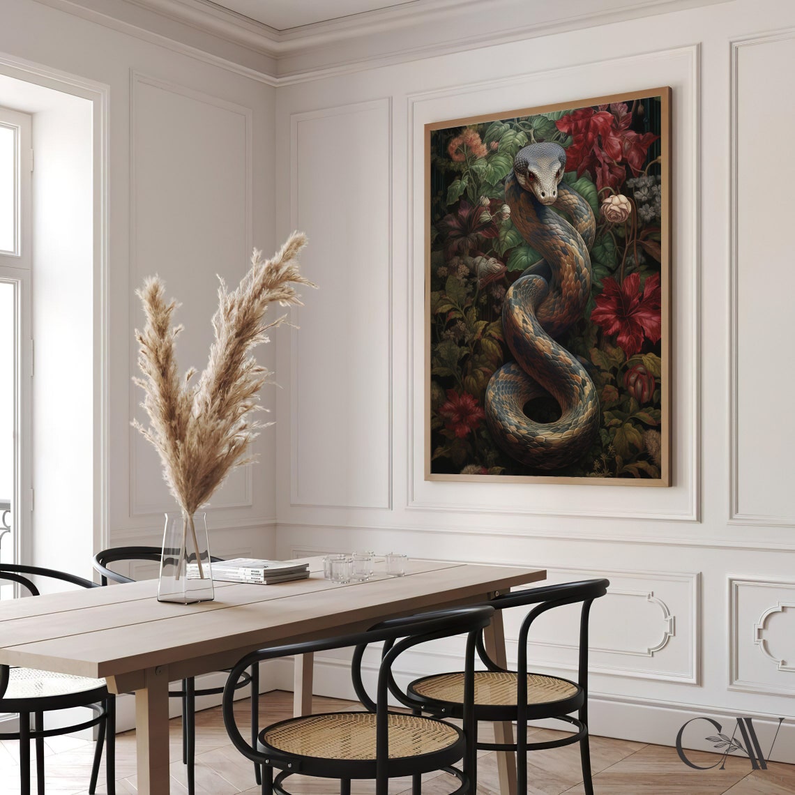 Coiled Snake Among Dark Red Flowers in Gold Frame Moody Poster - Image 2