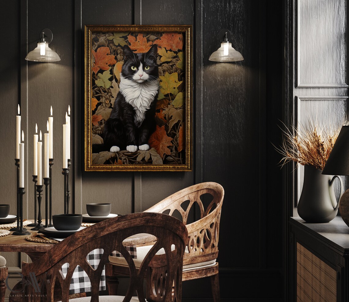 Tuxedo Cat Sitting Among Golden Autumn Leaves Fall Art Print - Image 2