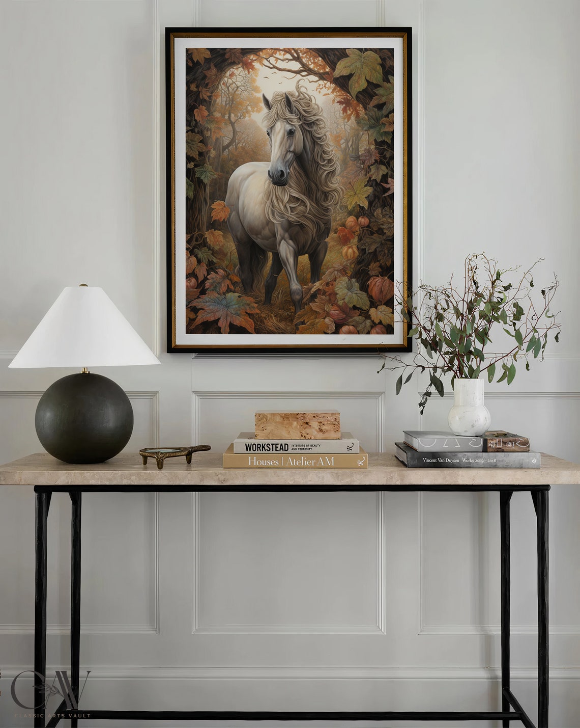 White Horse With Flowing Mane in Golden Autumn Forest Poster - Image 3