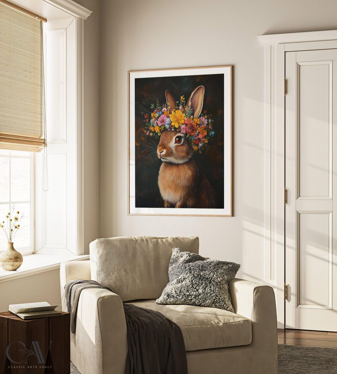 Brown Rabbit Wearing Bright Floral Crown Dark Portrait Poster - Image 3