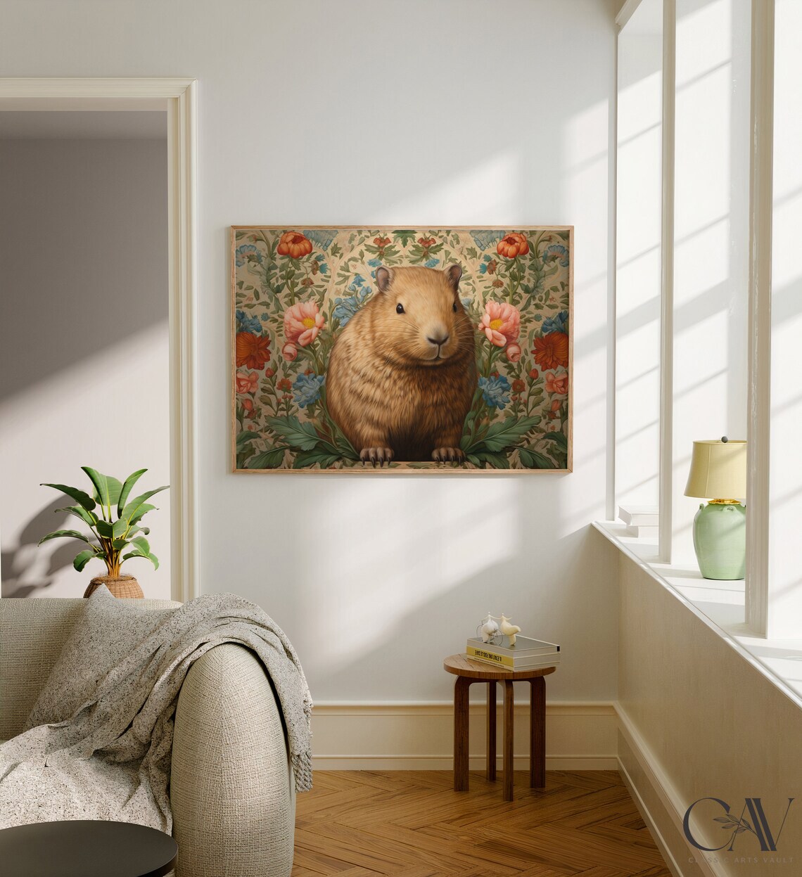 William Morris Inspired Capybara Art Print, Rustic Farmhouse