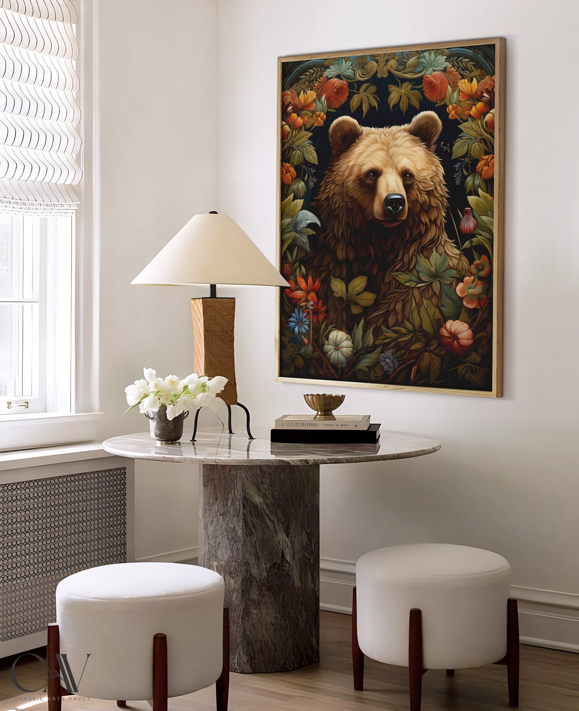 Brown Bear Portrait Framed by Autumn Flowers on Navy Art Print - Image 3