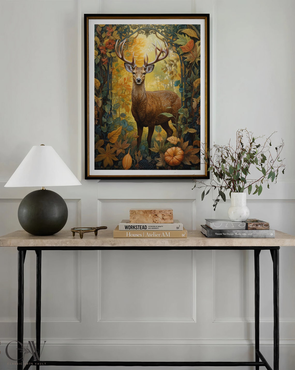 Majestic Deer Stag in Golden Autumn Forest Pumpkins Scene Poster - Image 4