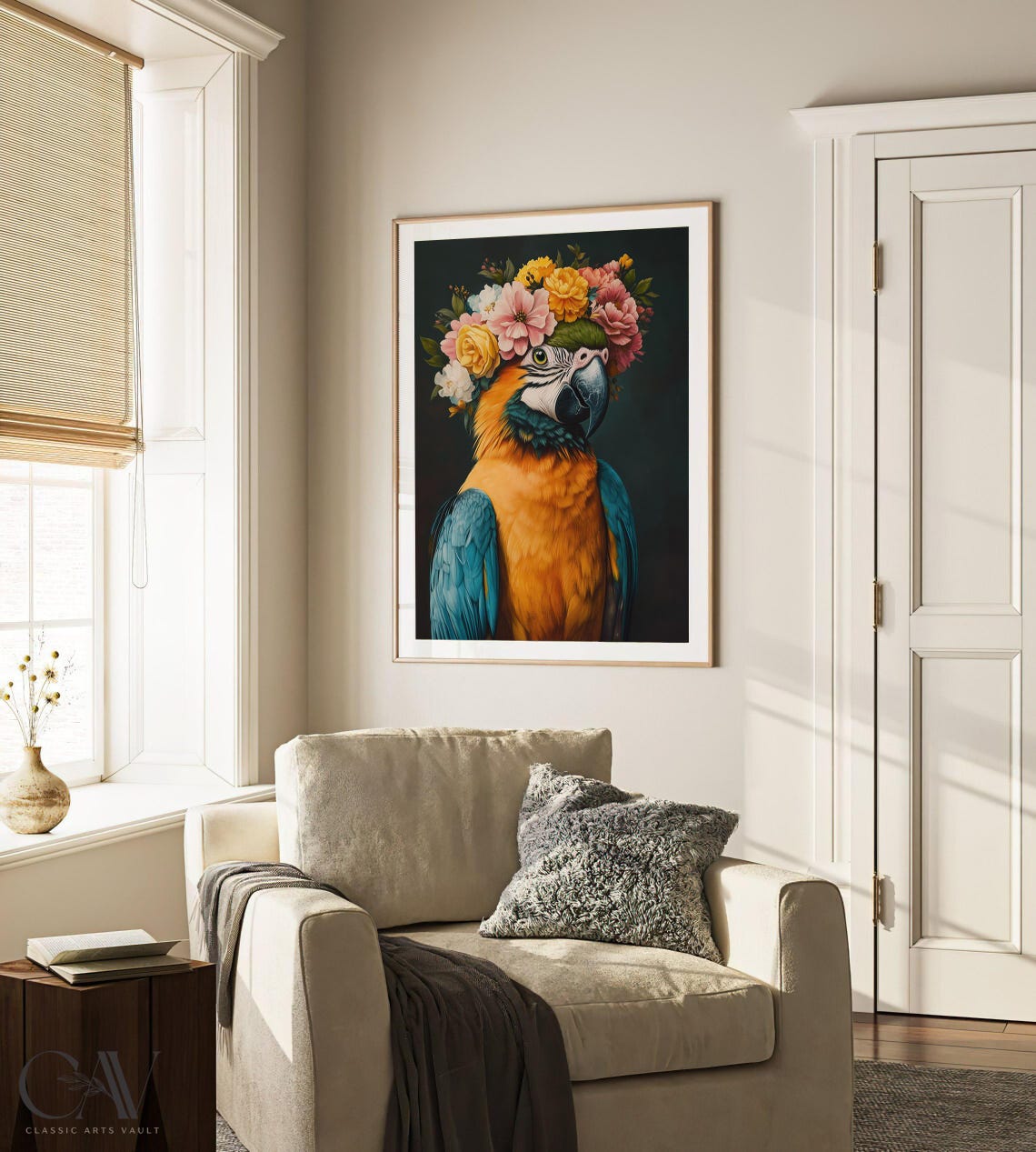 Bright Blue and Gold Macaw Wearing Floral Crown on Dark Art Poster - Image 3