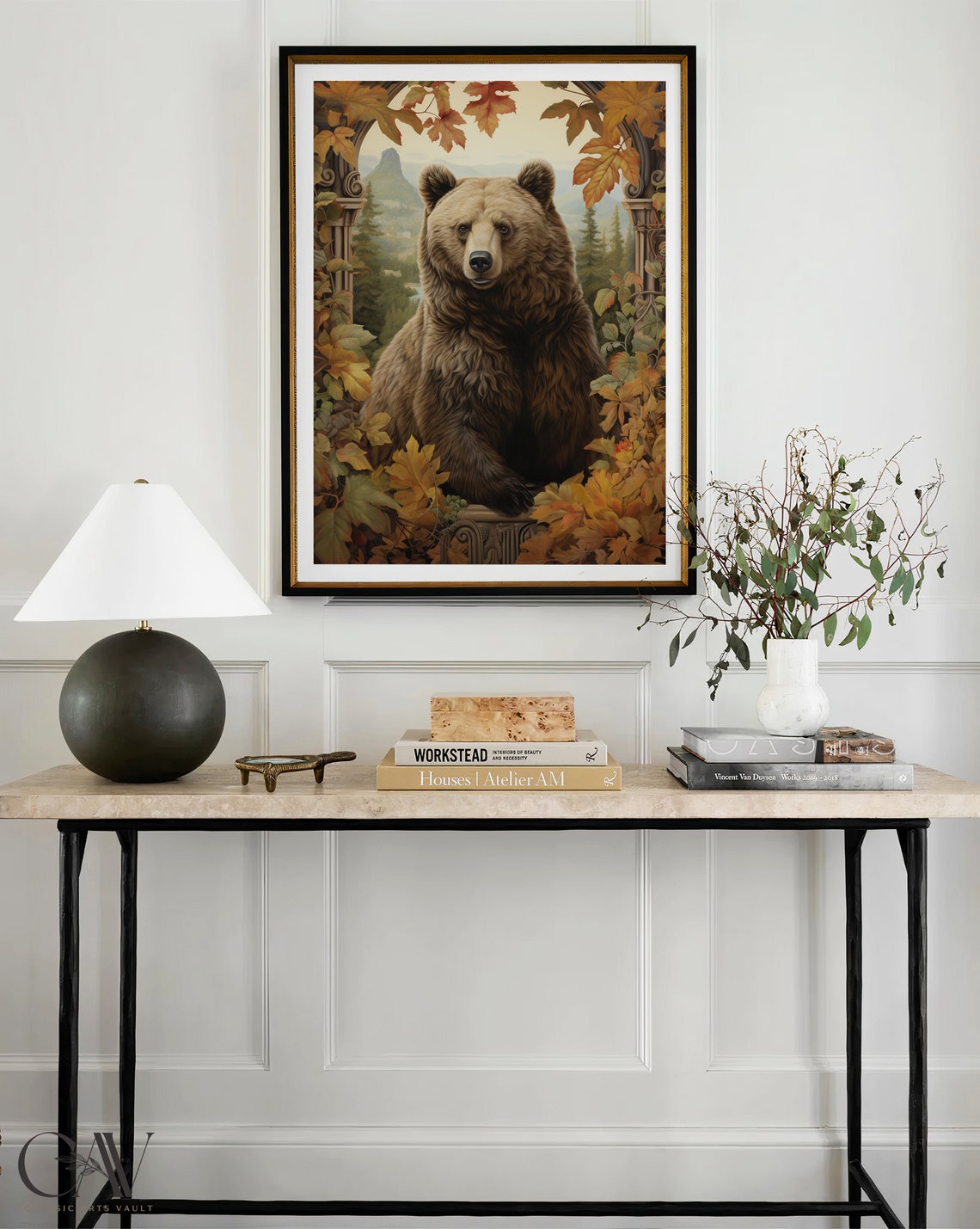 Brown Bear On Stone Balcony With Mountain Forest View Poster - Image 3