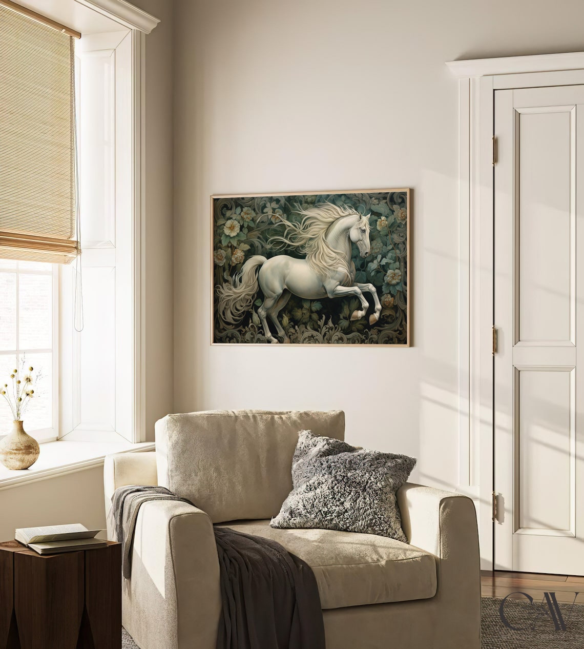 Galloping White Horse In Dark Floral Meadow Equestrian Poster - Image 3
