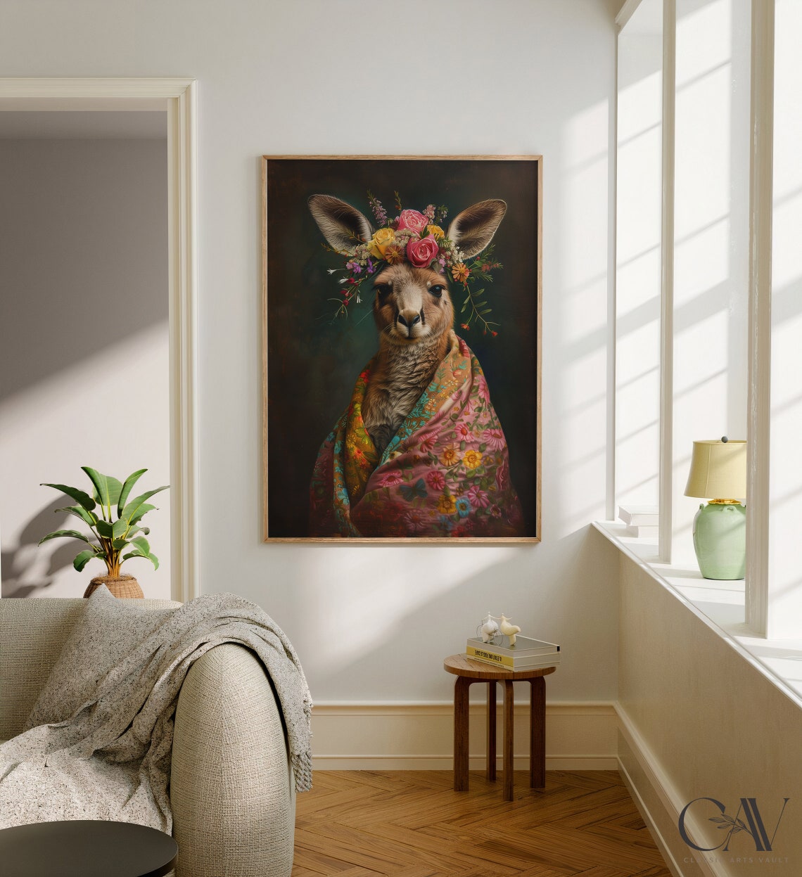 Kangaroo Flower Crown Portrait Colorful Floral Shawl Wall Art - Image 3