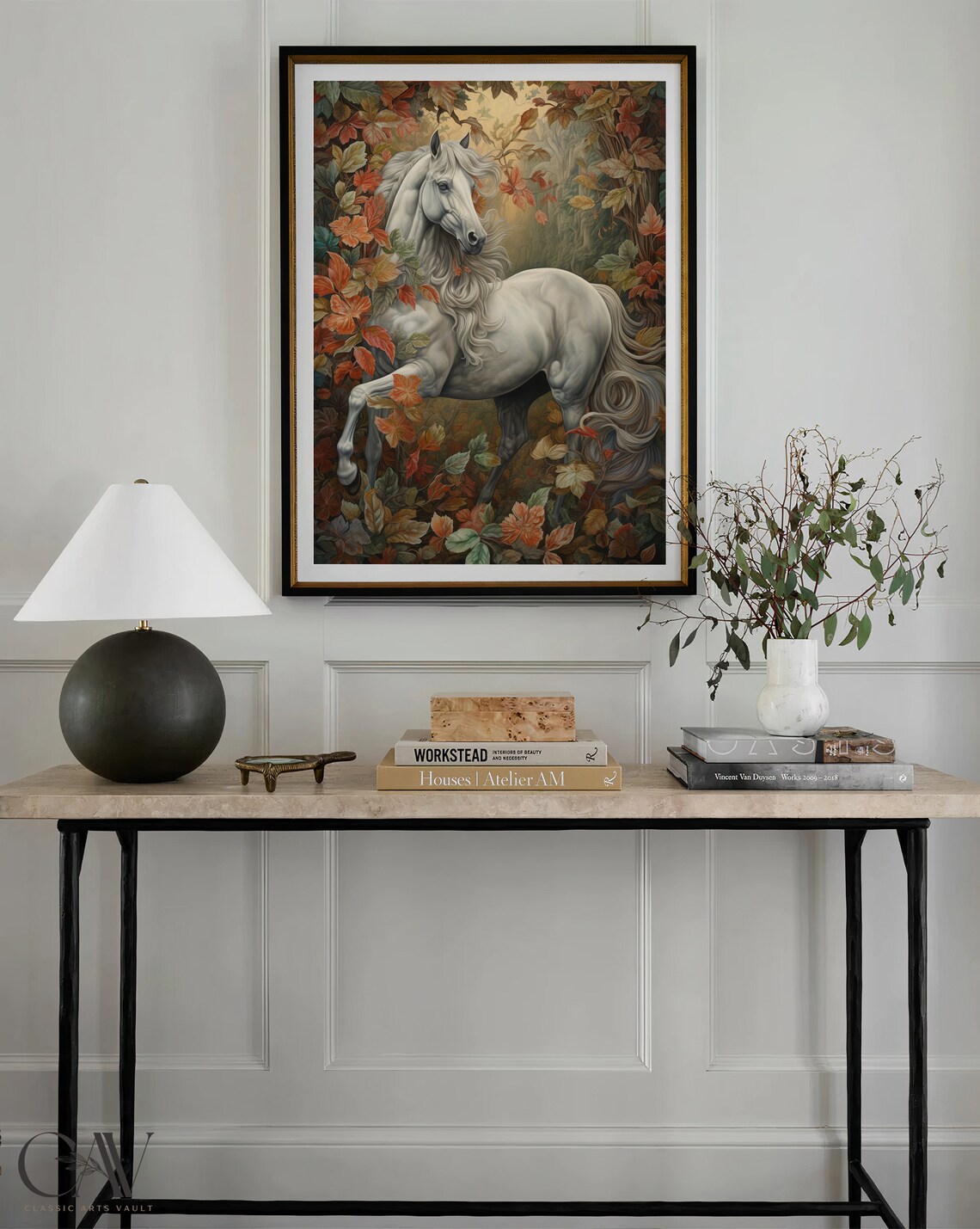 White Horse Rearing Among Golden Autumn Leaves Vintage Poster - Image 3