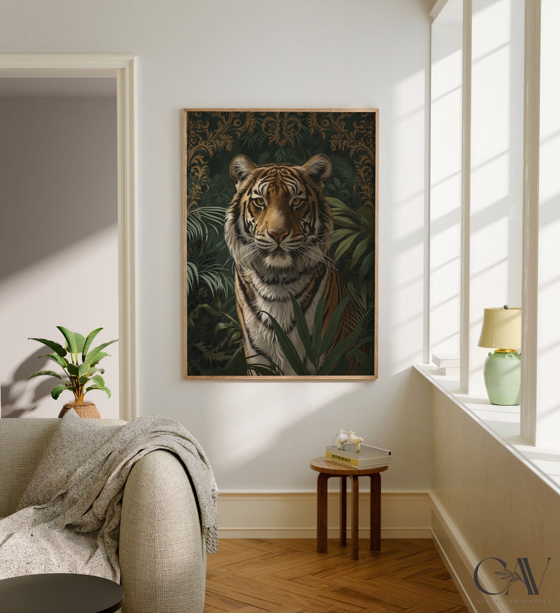 Dark Tiger Face Portrait With Gold Damask Jungle Foliage Poster - Image 2