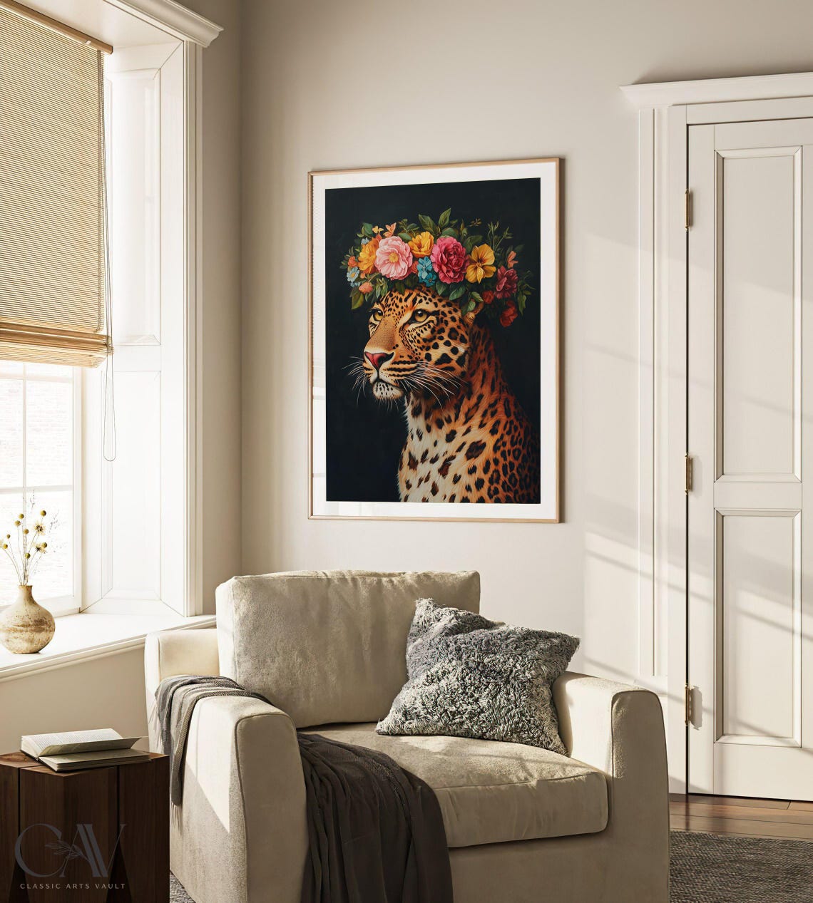 Leopard Portrait With Colorful Flower Crown on Dark Art Poster - Image 3