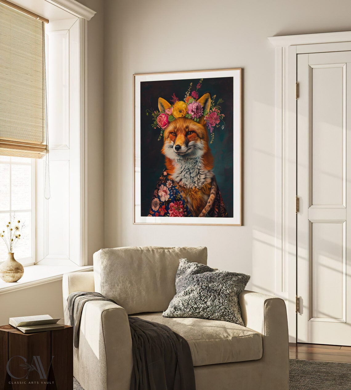 Red Fox Flower Crown Maximalist Floral Animal Portrait Wall Art - Image 3