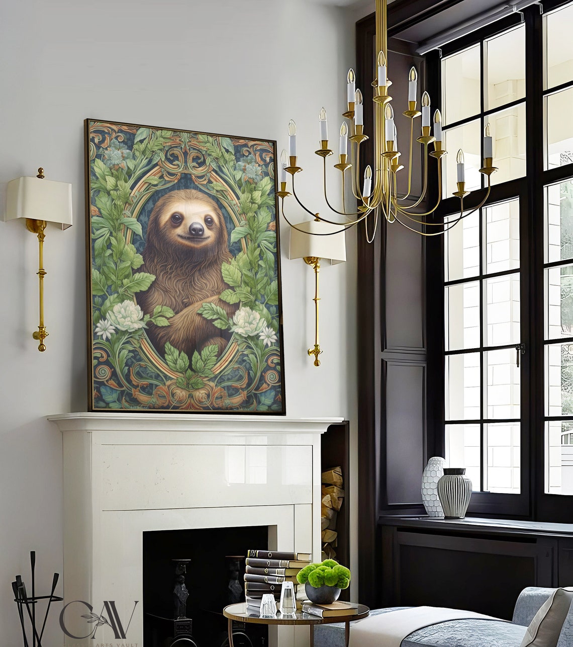 William Morris Style Sloth Portrait Leafy Botanical Wall Art - Image 3