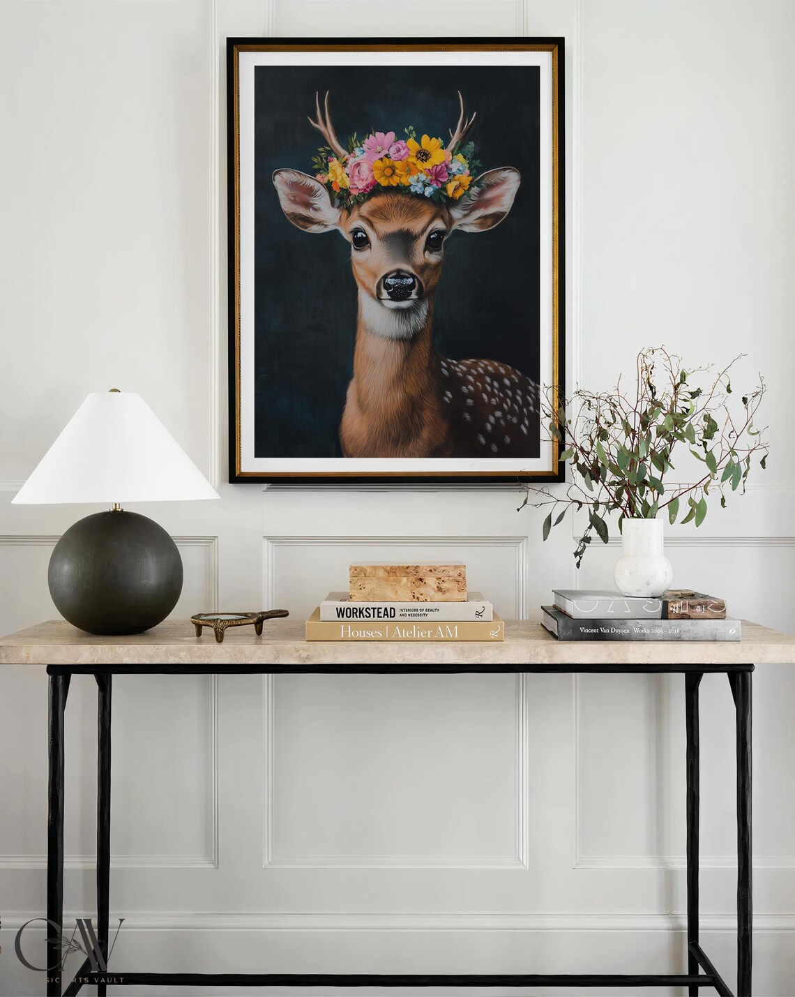 Sweet Young Deer Fawn With Flower Crown Dark Portrait Poster - Image 4